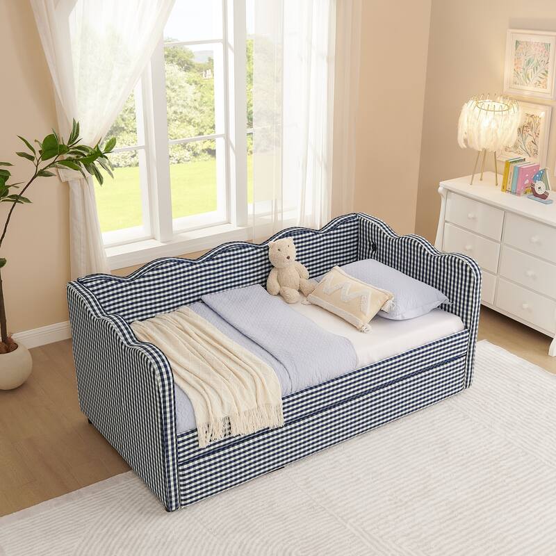 Twin Gingham Daybed with Trundle - USB Ports, Wave Design, Linen Fabric, No Box Spring