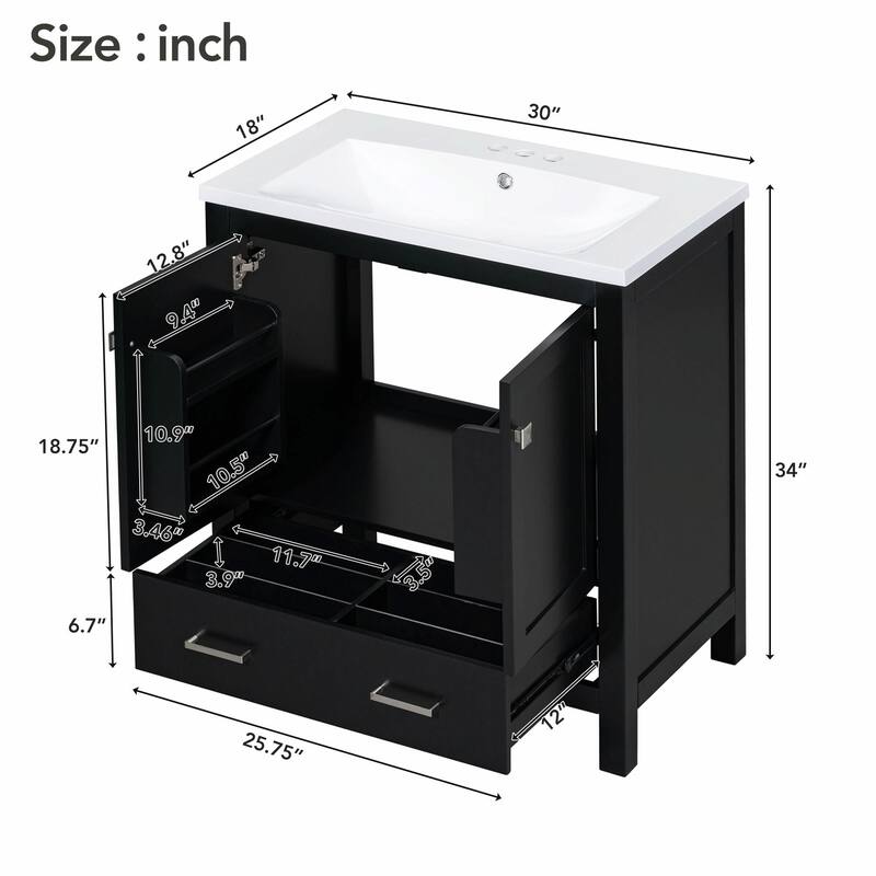 30" Bathroom Vanity with Single Sink, Combo Cabinet, 2 Doors, 1 Drawer