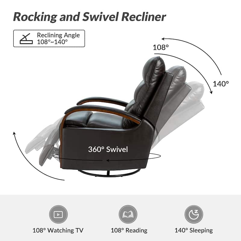 Leopold Modern Genuine Leather Swivel Rocking Manual Recliner Chair with Wooden Arm Accents by HULALA HOME