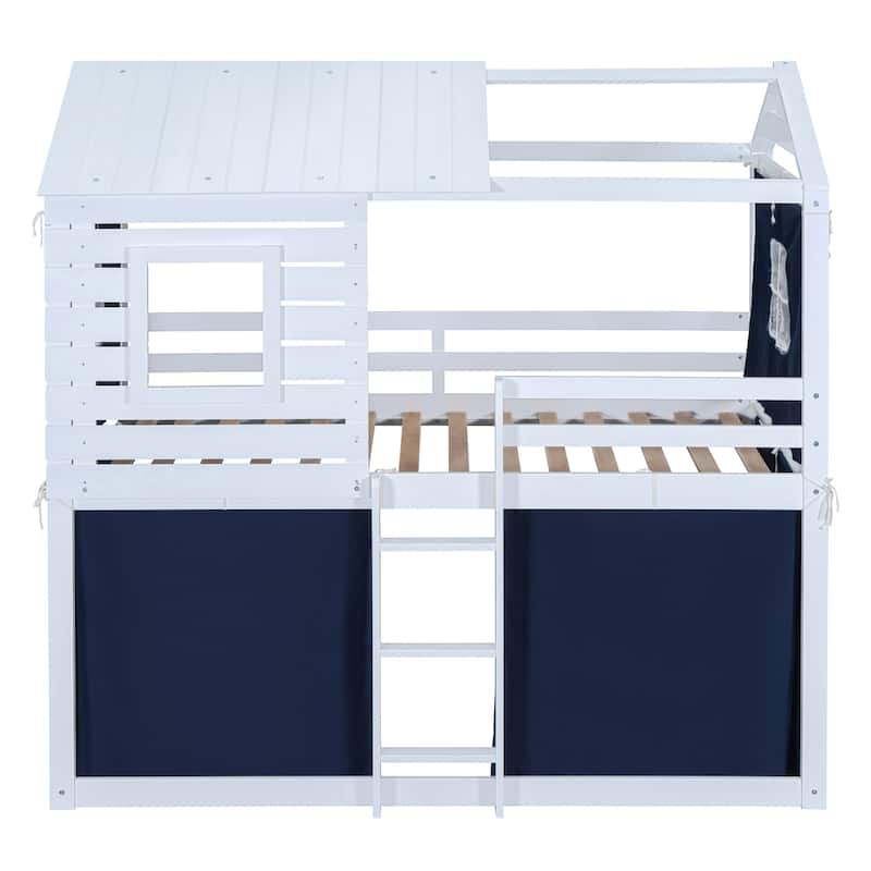 Twin Size Solid Wood House Bunk Bed with Tent, Ladder and Fence for Kids, Bedroom