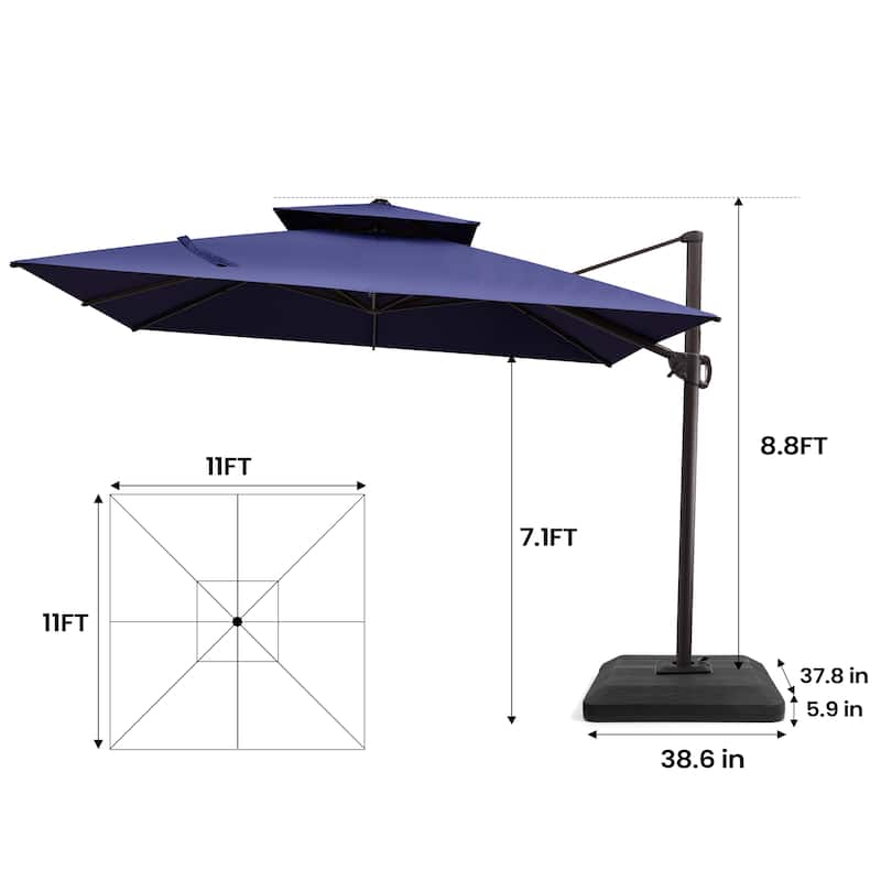 Pellebant 11 ft Patio Cantilever Offset Umbrella Double Top with Base