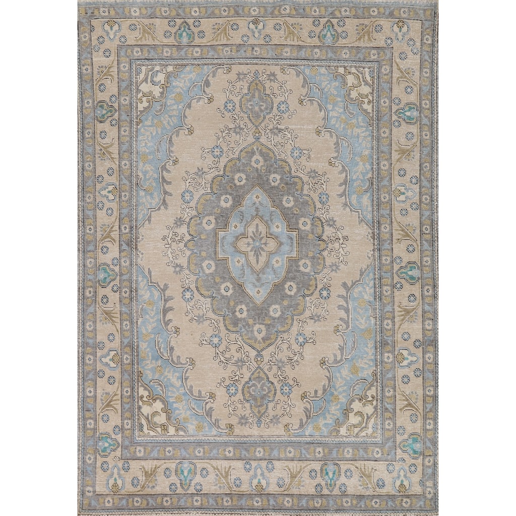 Beige Geometric Tabriz Persian Vintage Rug Hand-Knotted Wool Carpet - 6'3" x 9'1"