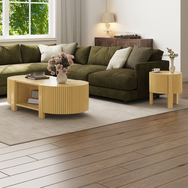 47" Oval Fluted Coffee Table with 2 Doors, Open Shelf & Wood Finish