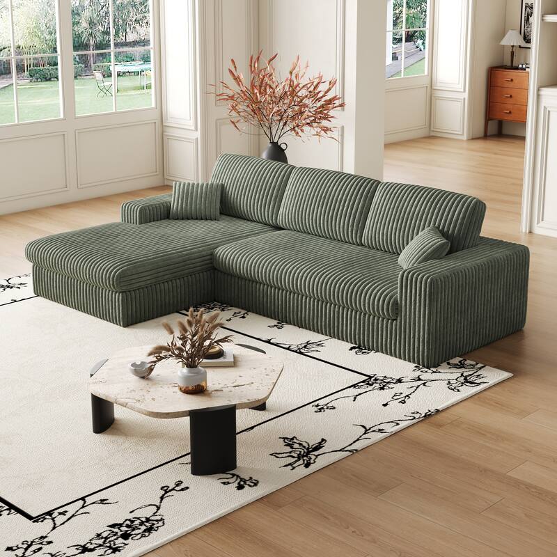 L-Shaped Sectional Sofa with Chaise Lounge, Corduroy Modular Foam Sofa, Upholstered Sofa with 2 Cushion & 2 Throw Pillows