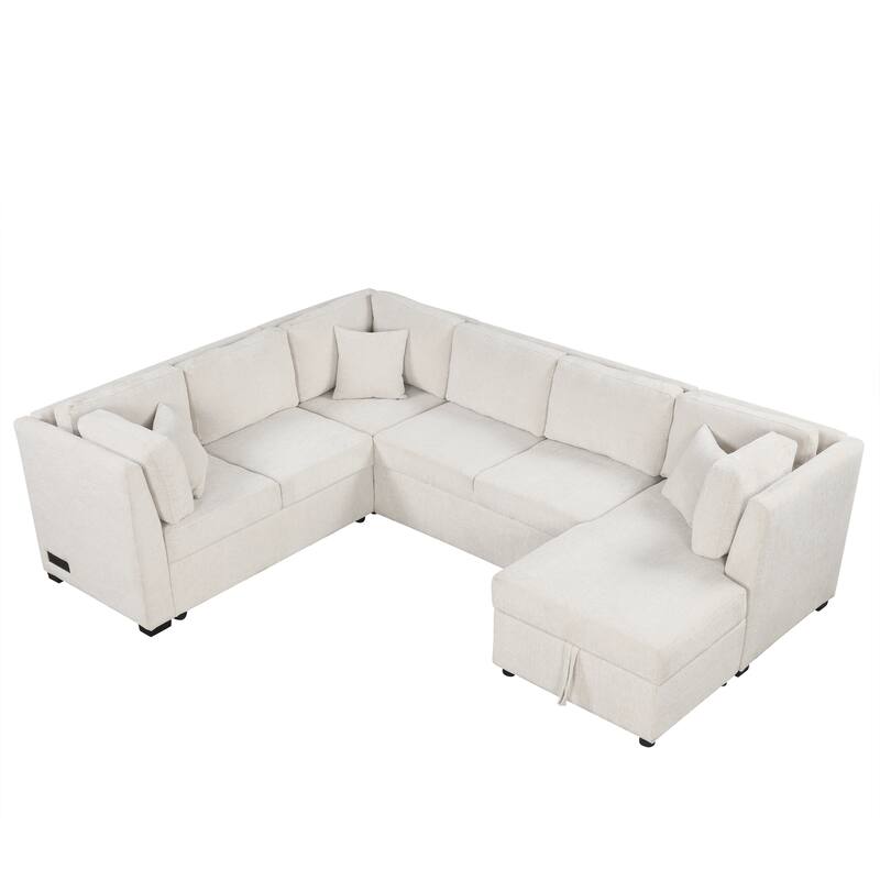 108.6" U-shaped Sofa Bed with USB, Power, Storage, Beige Chenille