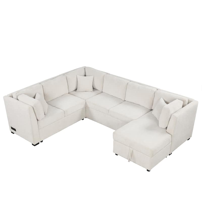 U-shaped Sectional Sofa Pull out Sofa Bed Chaise Lounge w/ USB Ports