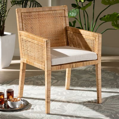 Karis Rattan Dining Chair - Handwoven Wicker Armchair with Mahogany Wood, Coastal Boho Style Indoor Seating