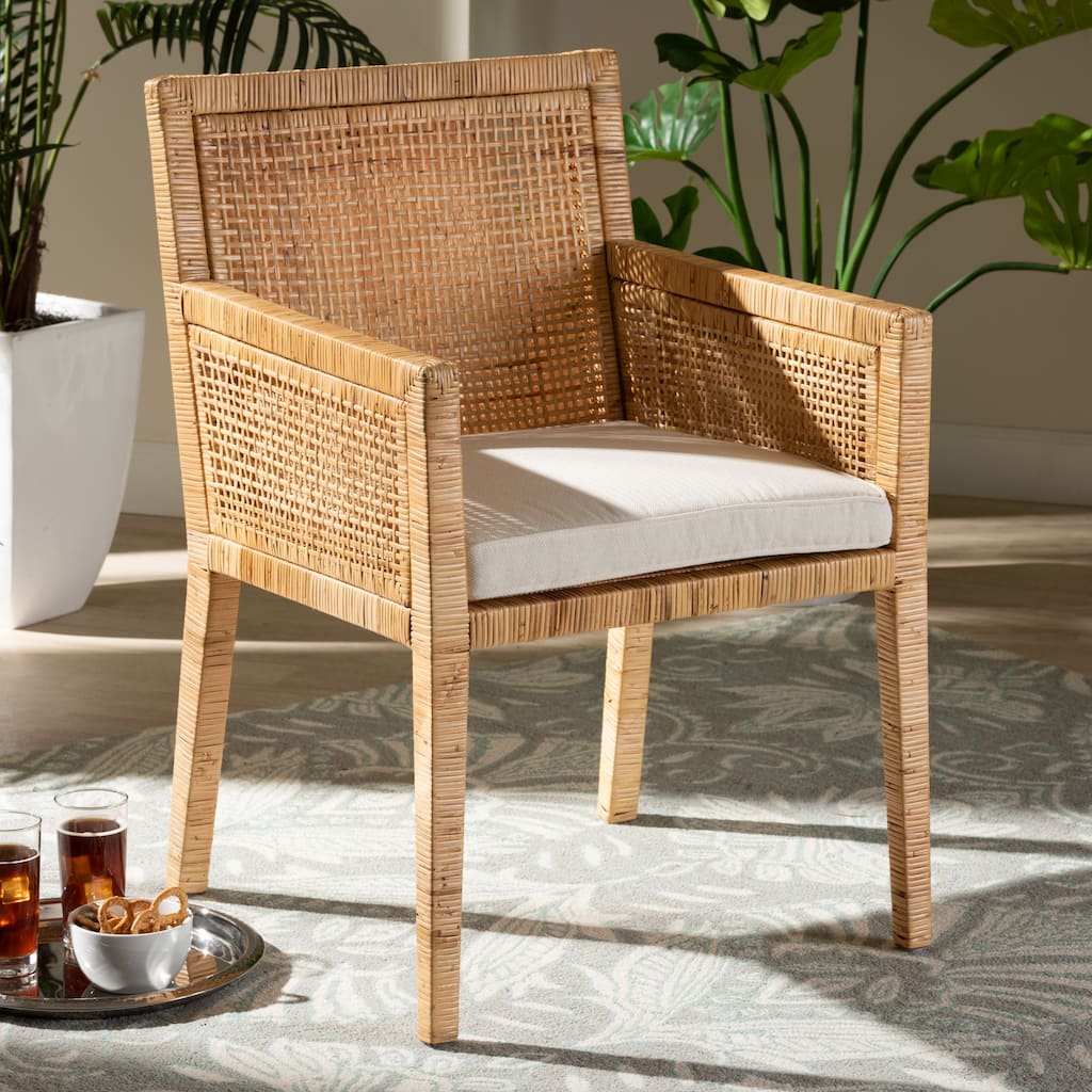 Karis Rattan Dining Chair - Handwoven Wicker Armchair with Mahogany Wood, Coastal Boho Style Indoor Seating
