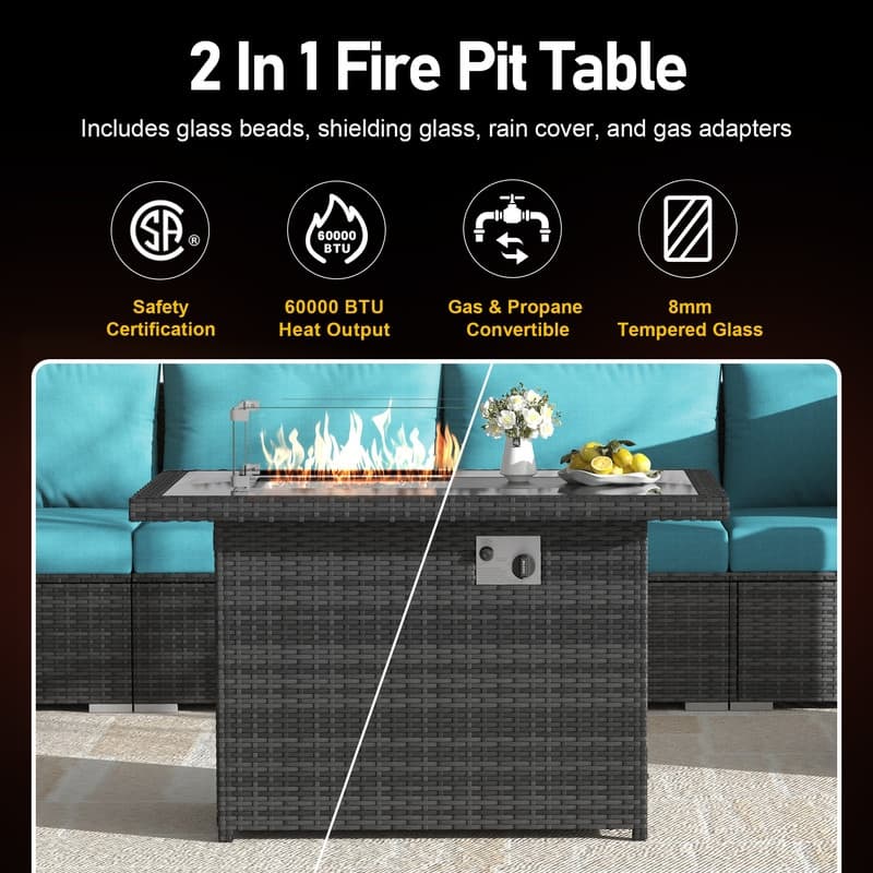 Outdoor Sectional Conversation Set PE Wicker with Double Chaise Lounge, 60,000 BTU Fire Pit Table