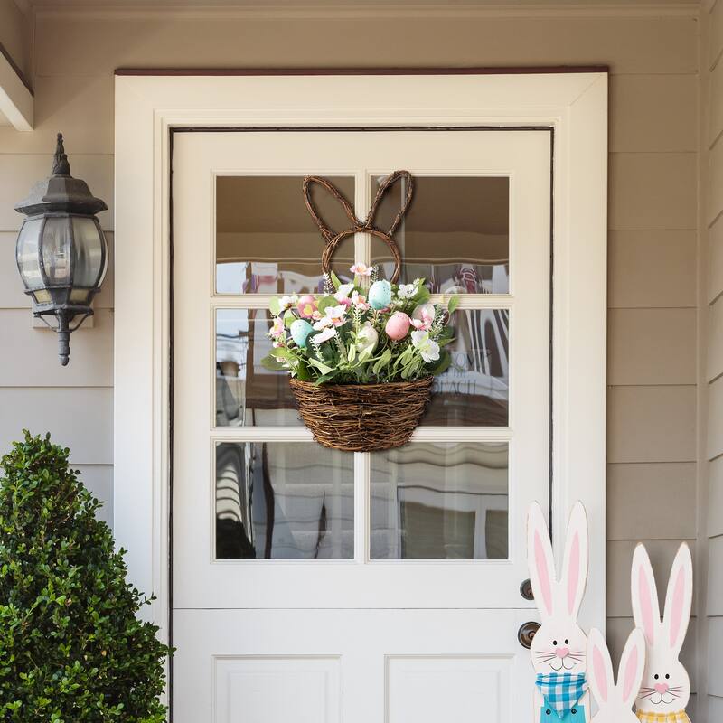 Glitzhome Easter Bunny Shaped Wreath with Eggs Satin Ribbon Bow Basket