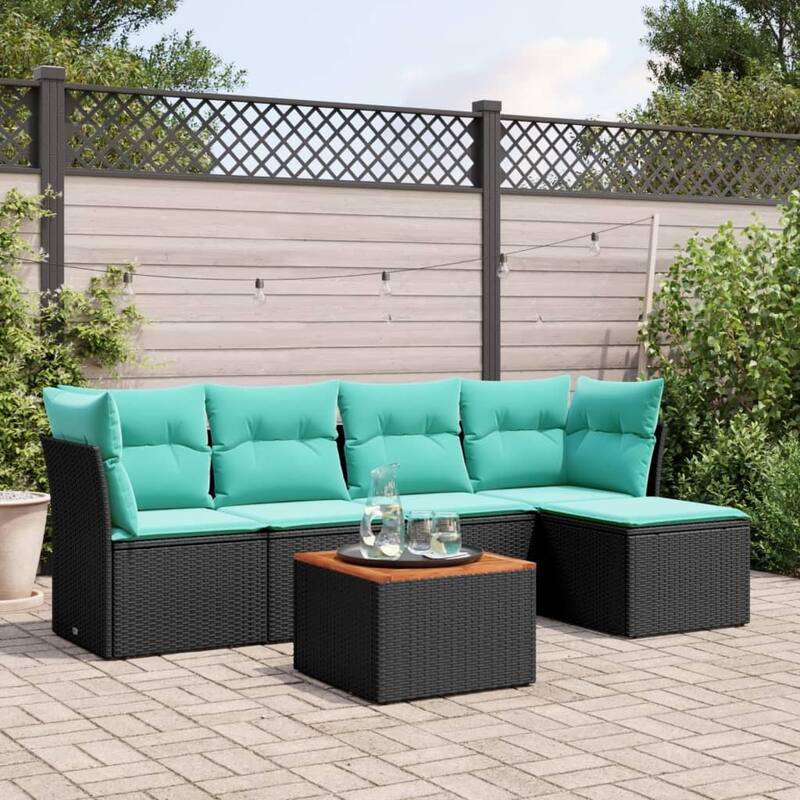 vidaXL Patio Sofa Set with Cushions Outdoor Furniture 6 Piece Poly Rattan - 24.4" x 24.4" x 27.2" - Black and blue