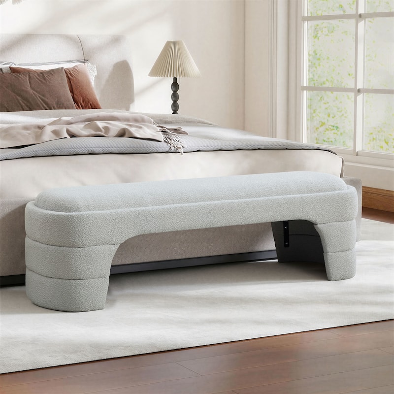 65"W Chenille Upholstered End of Bench ,Entryway Shoe Bench,FootStool Ottoman for Bedroom, Living Room - Grey