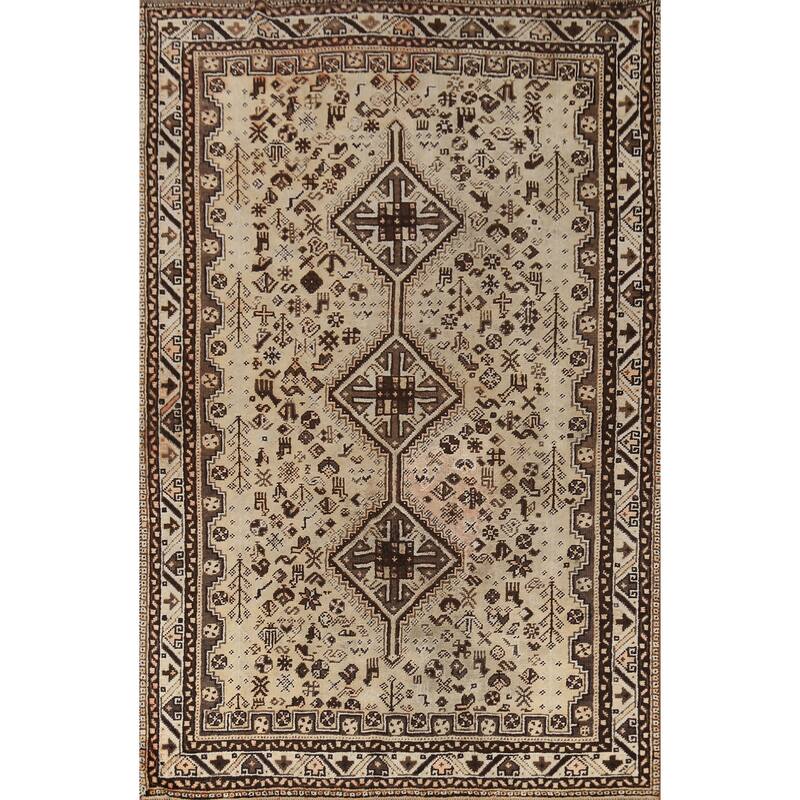 Hand Knotted Oriental 100% Wool Carpet Traditional Tribal Beige & Ivories Qashqai Area Rug - 9' 6'' X 6' 7''