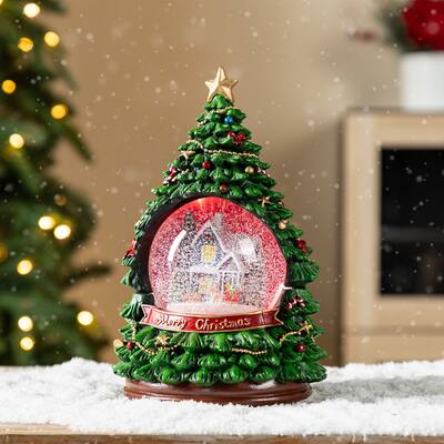 Glitzhome 100mm Christmas Resin Lighted Musical Snowflakes Christmas Tree Waterglobe