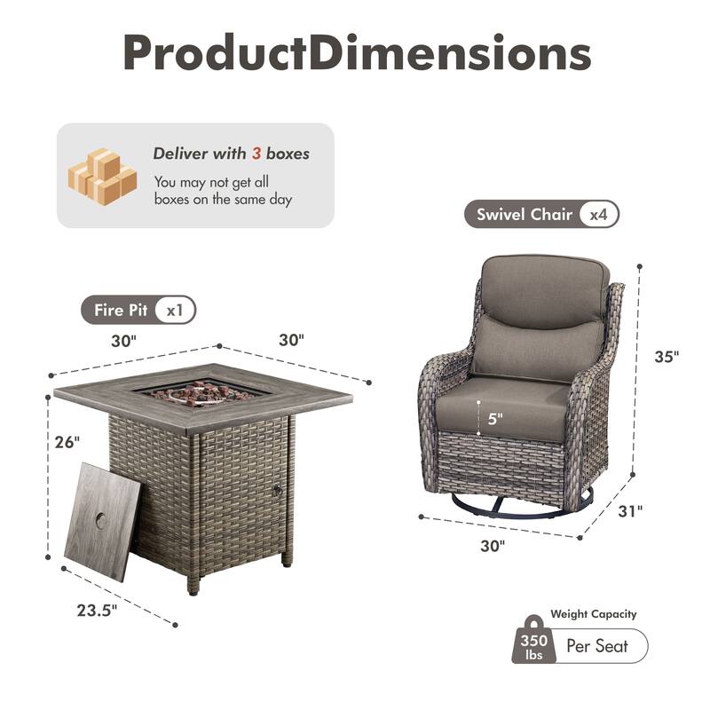 Meyreso 5-Piece Outdoor Patio Wicker Fire Pit 4 person Conversation Set with 5-Inch Thick Cushions