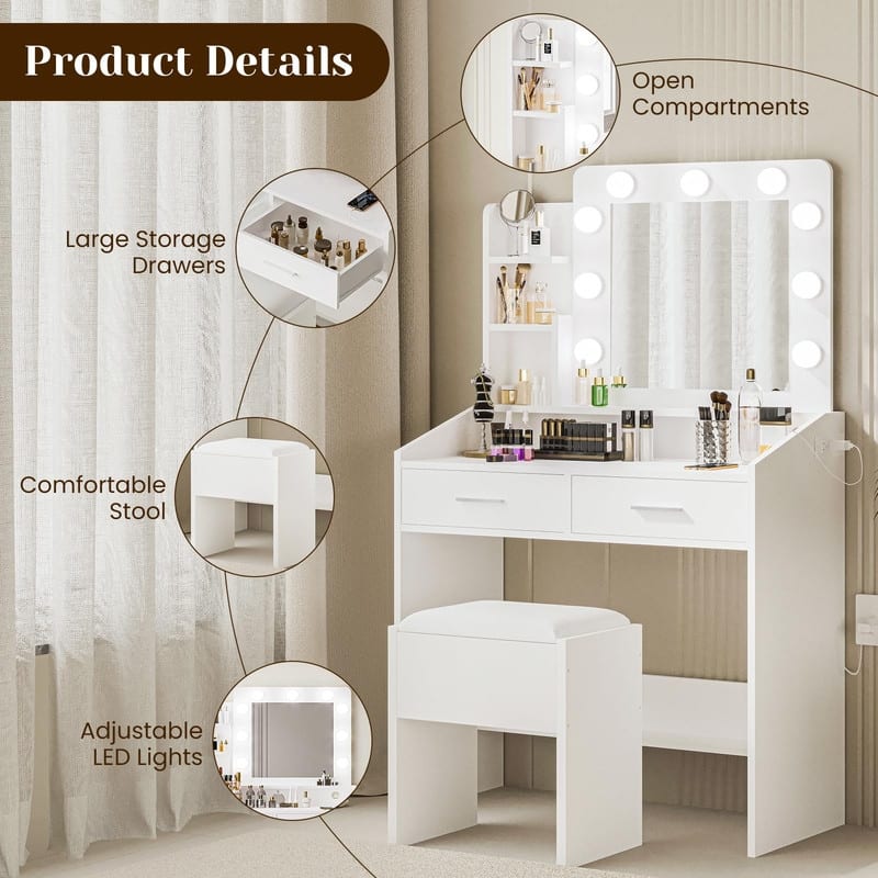 Makeup Vanity Desk with Mirror and Stool, Charging Station, 2 Drawers, 3 Shelves
