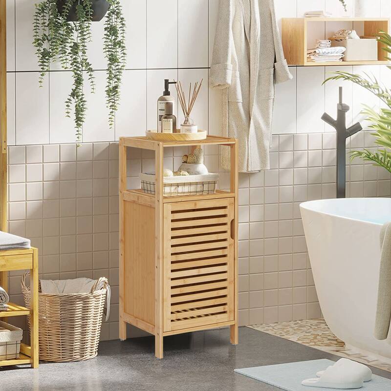 Bathroom Cabinet w/ 5 Hooks, Multifunctional Bamboo Storage Organizer w/ Door and Shelf, Free Standing Kitchen Cupboard