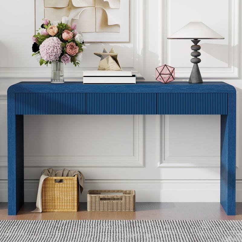 Rustic Console Table with 3 Fluted Drawers - Solid Wood Veneer Entryway Table Featuring Natural Wood Grain for Living Room - Navy