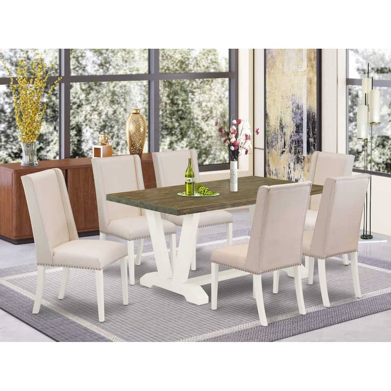 HomeStock 7-Piece Rectangle Distressed Jacobean Finish Solid Wood Top Dining Table with 6 Chairs