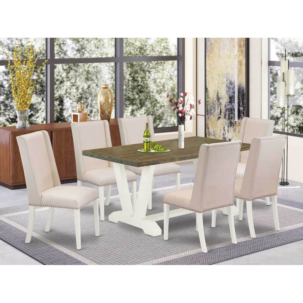 HomeStock 7-Piece Rectangle Distressed Jacobean Finish Solid Wood Top Dining Table with 6 Chairs