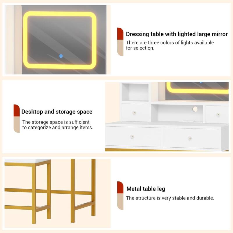 4 Drawer Vanity Desk with Mirror, Makeup Vanity Table for Bedroom