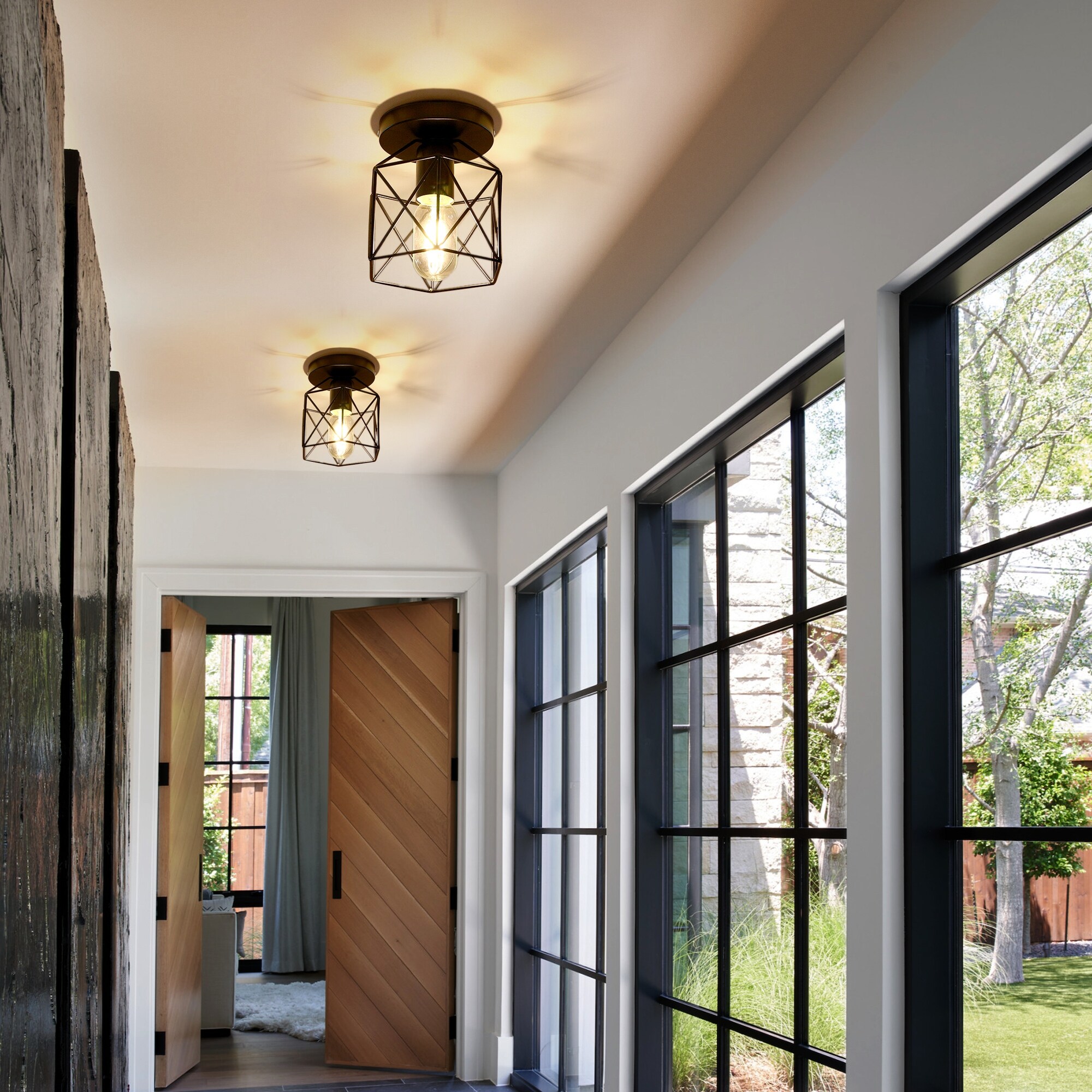 Hallway Light Fixtures Ceiling Mount Retro Black Industrial Semi Flush Mount Ceiling Light Fixture 5.7