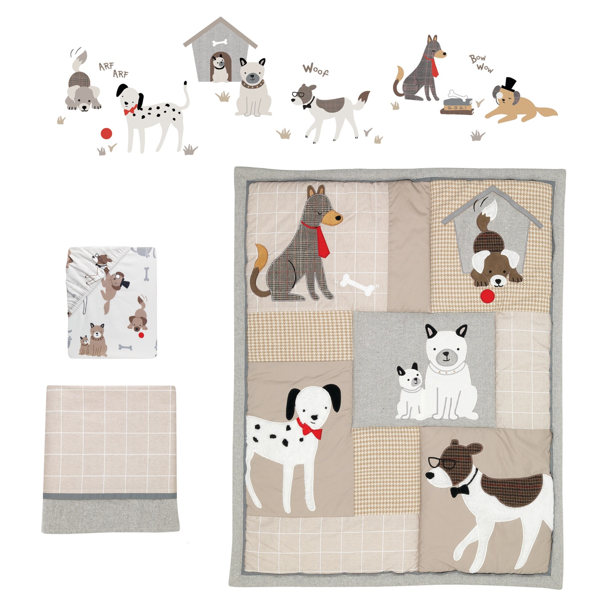 Lambs Ivy Bow Wow Gray Tan Dog Puppy Nursery 4 Piece Baby Crib Bedding Set