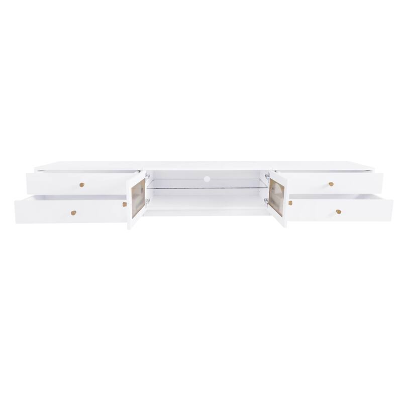 Modern White TV Stand with Fluted Glass Doors, 86.6'' Wide, Tempered Glass Shelf.