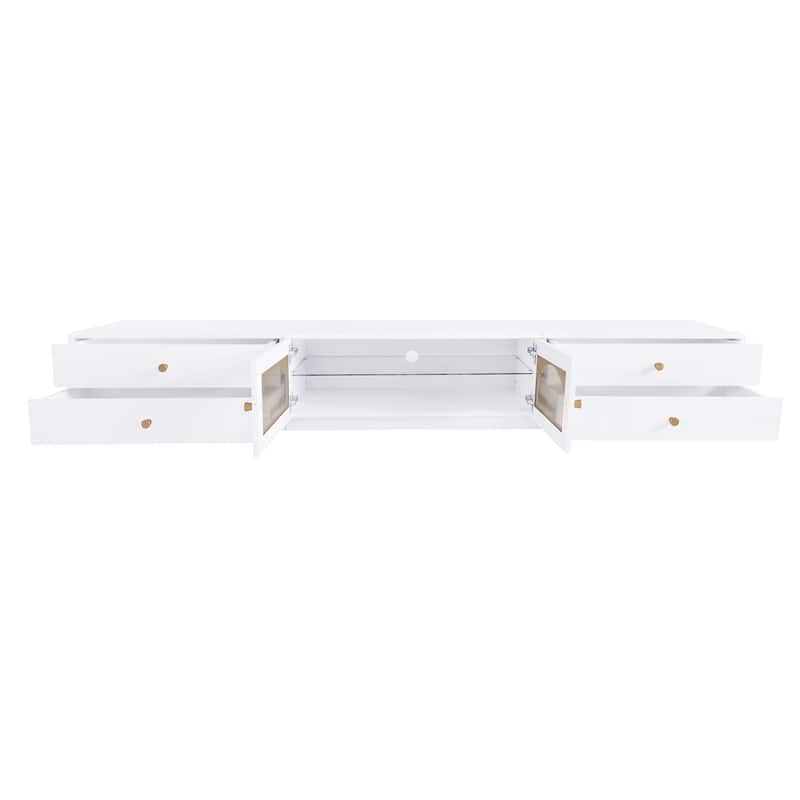 White 86.6" TV Stand with Fluted Glass Doors and Multiple Storage Options for TVs Up to 95"