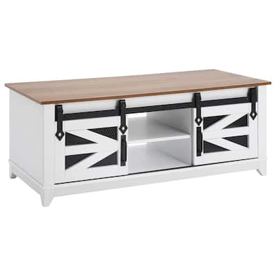 2 Tiers 48 Inch Rectangle Coffee Table with 2 Sliding Barn Doors and Removable Shelves - 47.6” x 22.1” x 19”