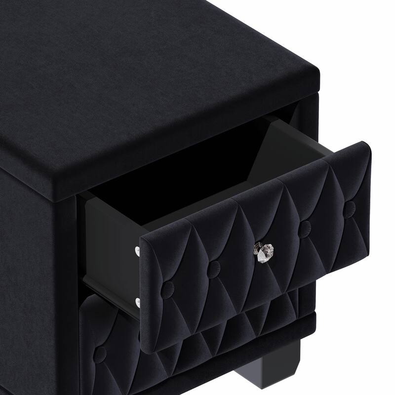 Velvet Nightstand with 2 Drawers and Crystal Handles