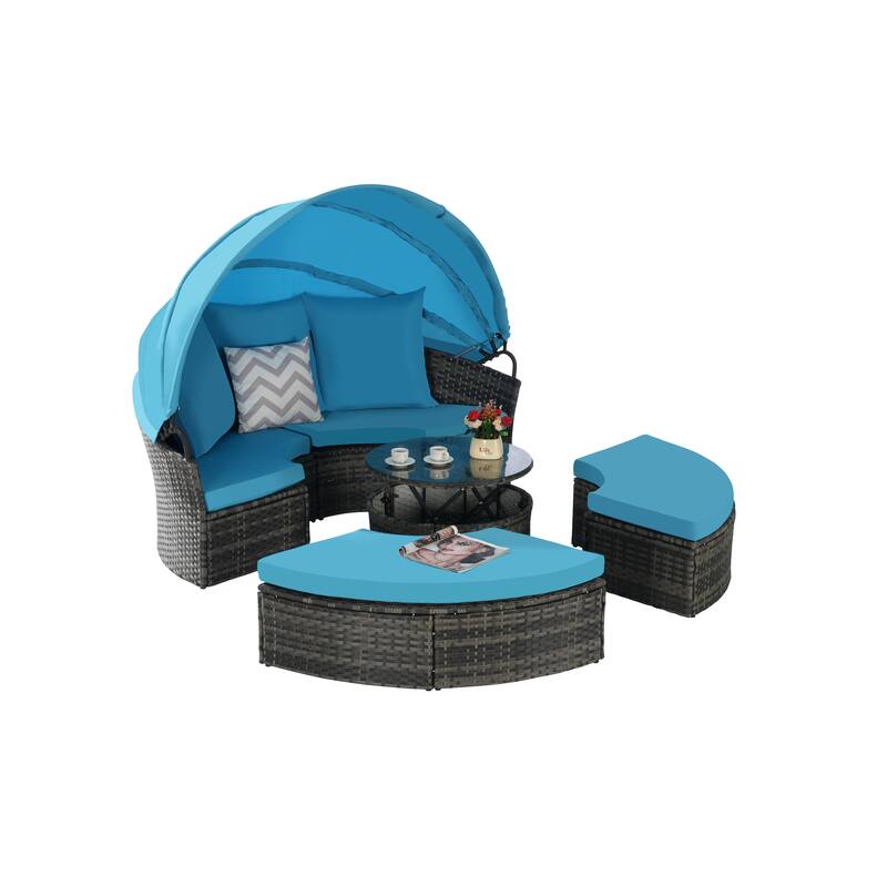 Outdoor Rattan Daybed Round Sunbed with Retractable Canopy, 5 Piece Sectional Patio Conversation Set with Storable Table