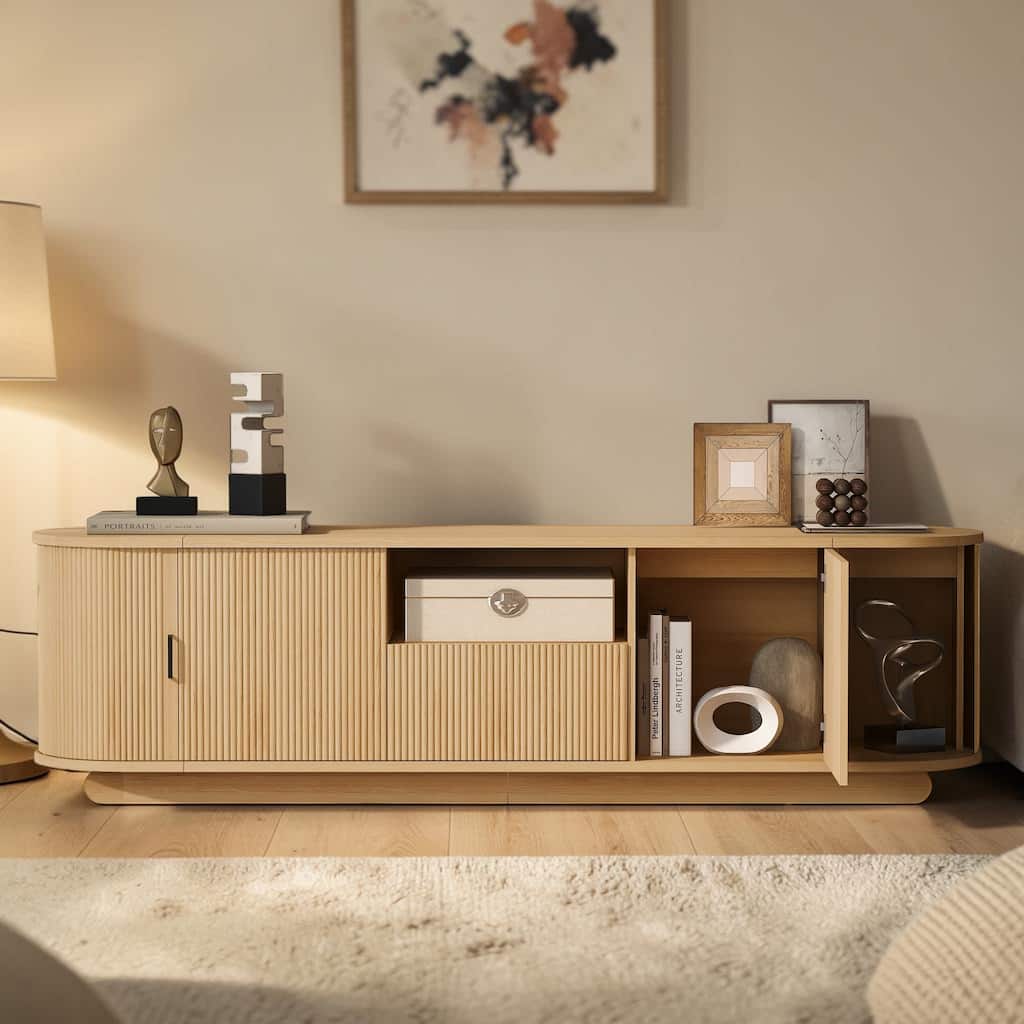 70.9" Modern TV Stand with Hidden Sliding Storage, Open Shelf and Cabinets, Wood Media Console Cabinet