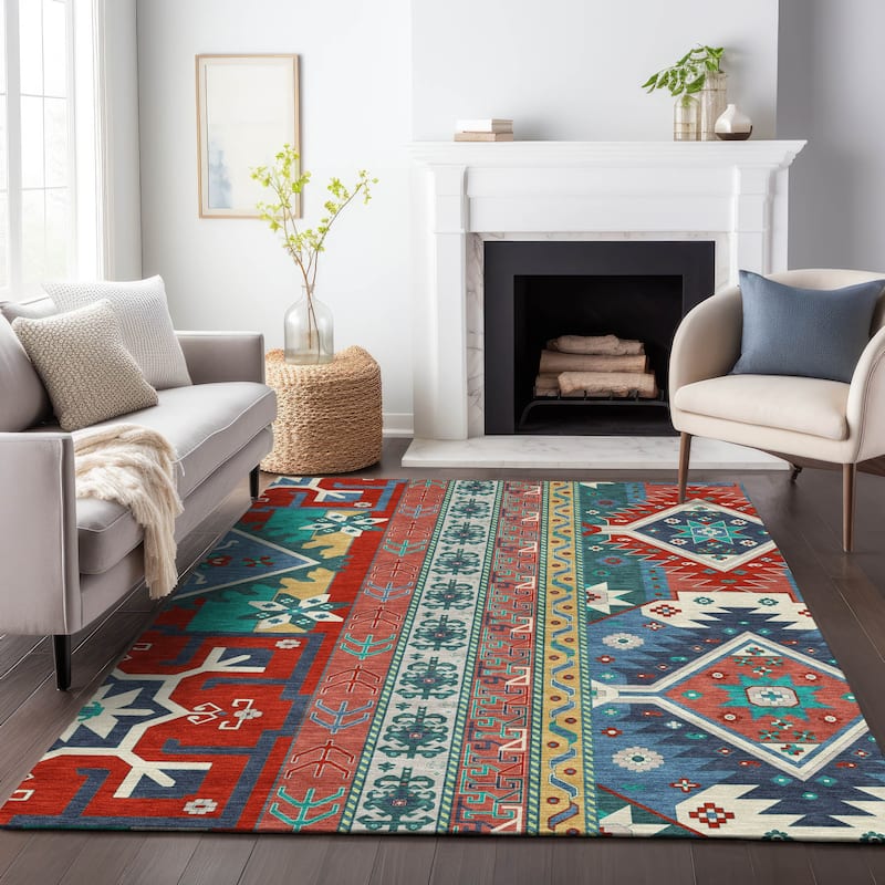 Machine Washable Indoor/ Outdoor Boho Tribal Chantille Rug
