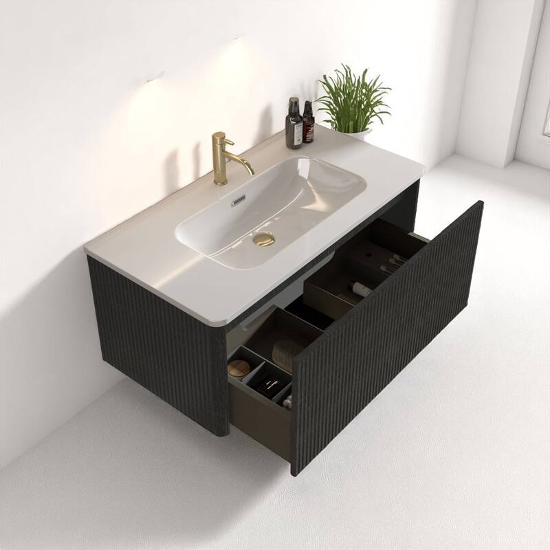 36" Floating Bathroom Vanity, Integrated Ceramic Sink, Push-Open Drawer & U-Shape Wall Fitting,Wall-Mounted MDF Vanity Cabinet