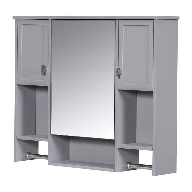 35'' x 28'' Modern Wall Mounted Bathroom Storage Cabinet with Mirror, 3 Doors, Adjustable Shelves, Towel Bar, Black