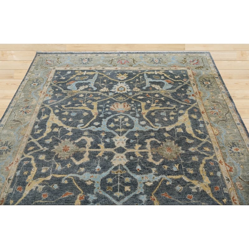 Multi Size Blue Hand Knotted Oushak Wool Area Rug Traditional Design