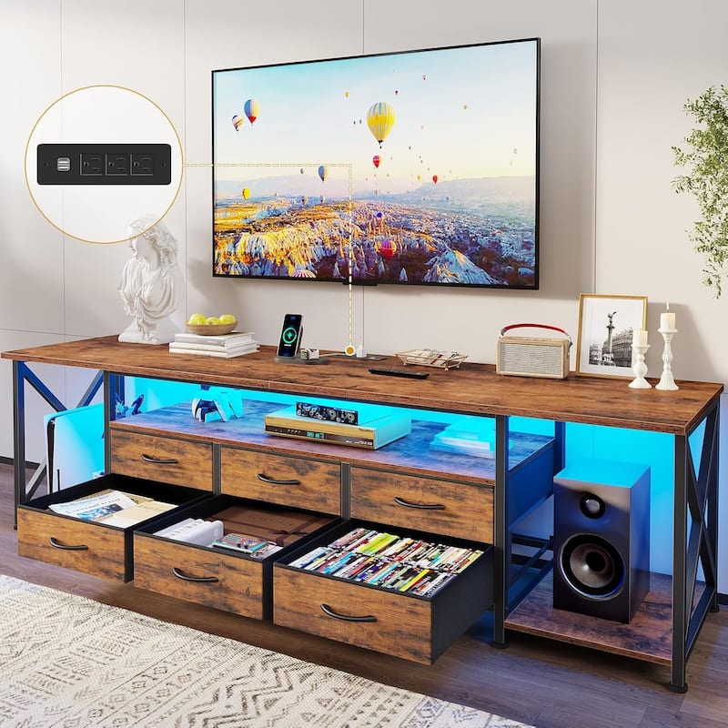 TV Stand with LED Lights Power Outlets Dresser Fabric Drawers Entertainment Center - Brown - 71"