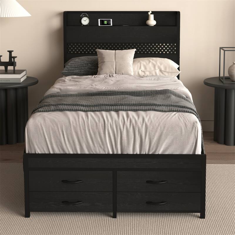 Twin Size Metal Platform Bed Frames with Headboard and Storage Drawer - Black