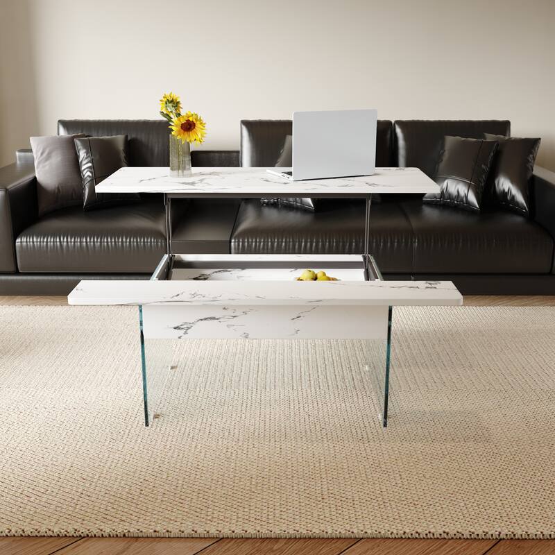 Multifunctional Lift-Top Coffee Table with Tempered Glass Legs, Rectangular Living Room Table 2-Tier Center Table