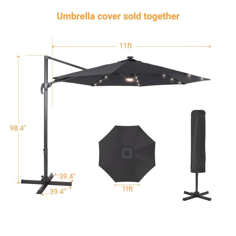 LIVOOSUN 11FT LED Cantilever Patio Umbrella 240g Solution-Dyed Fabric