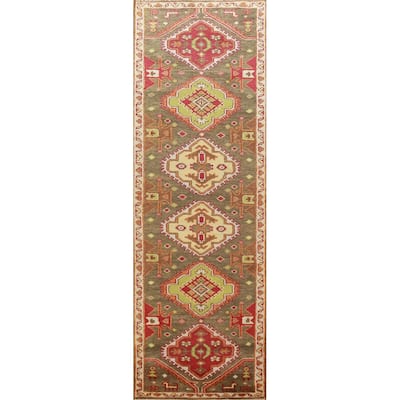 Green Kazak Indian Runner Rug Handmade Wool Carpet - 2'6" x 9'9"