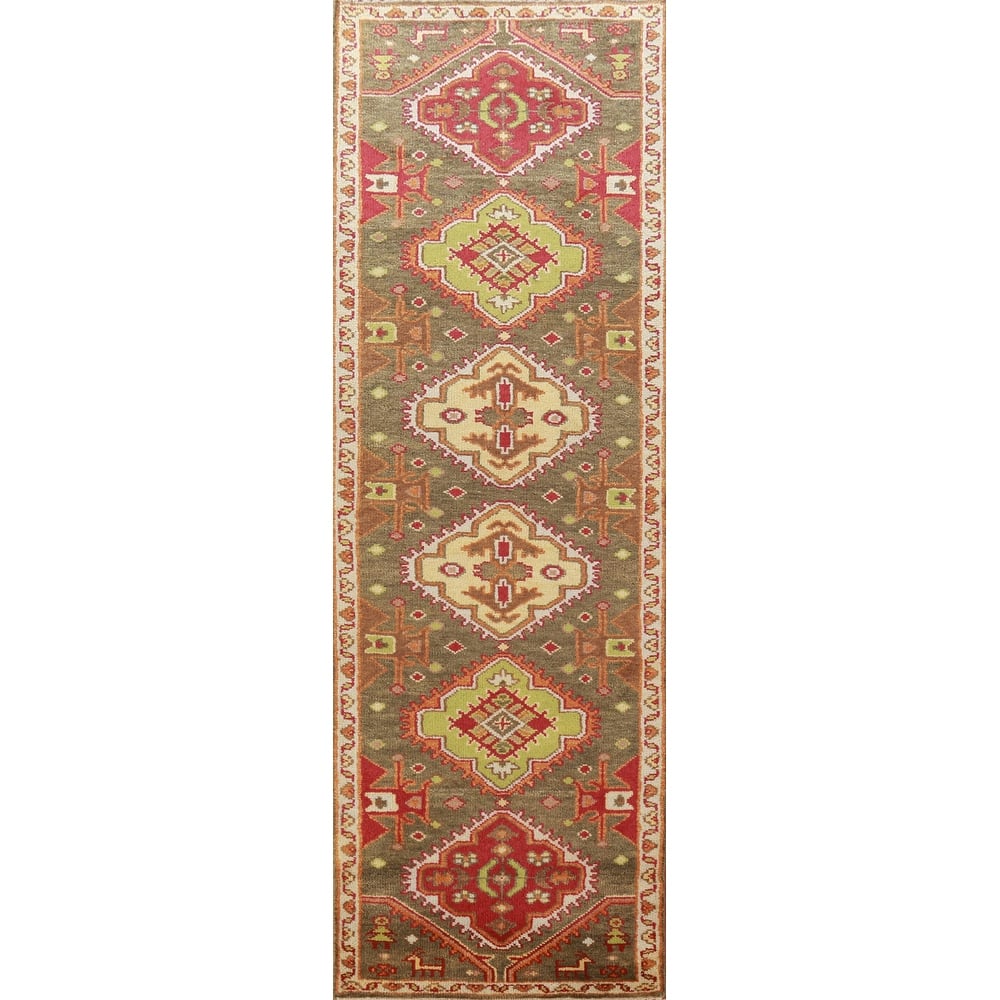 Hand Knotted Oriental 100% Wool Carpet Traditional Geometric Green Kazak Runner Rug - 9' 9'' X 2' 6''