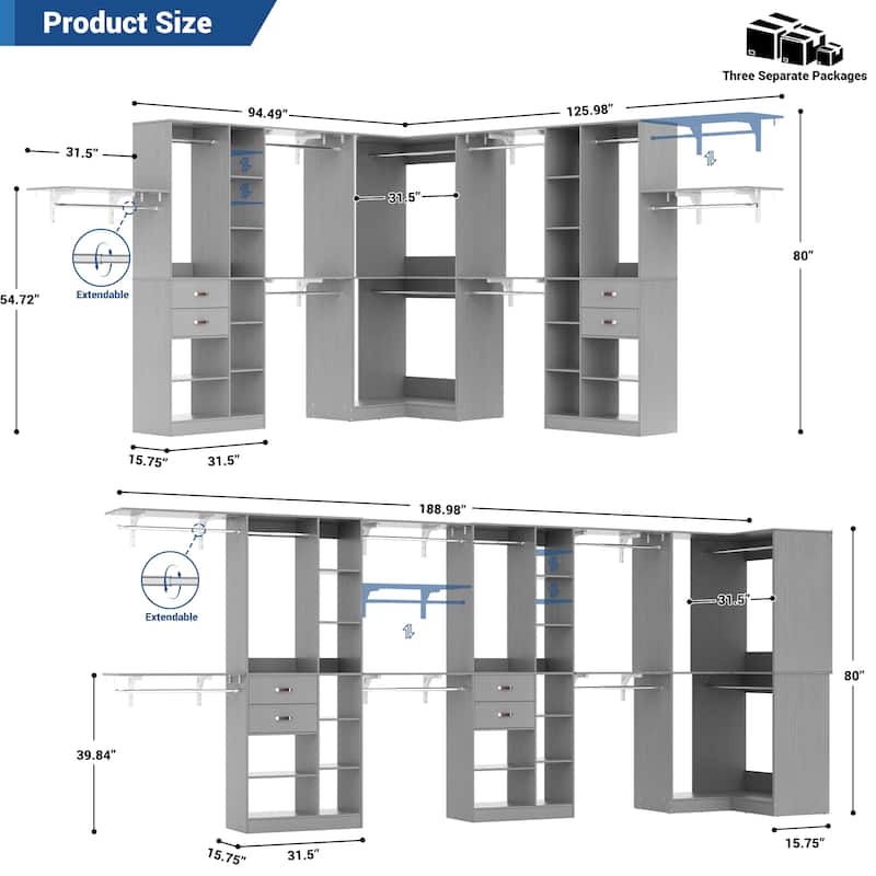 Rackcog 95'' - 188'' Closet System with Hanging Rods, Set of 3 Corner Closet Organizer with Drawers and Shelves