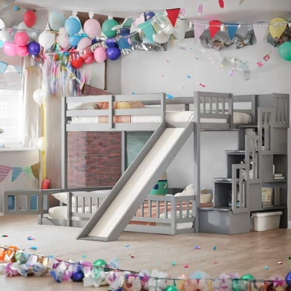 slide 2 of 19, Twin over Twin Bunk Bed with Safety Guardrails,Pine Solid Wooden Kids Beds with Slide and Storage Staircase Grey