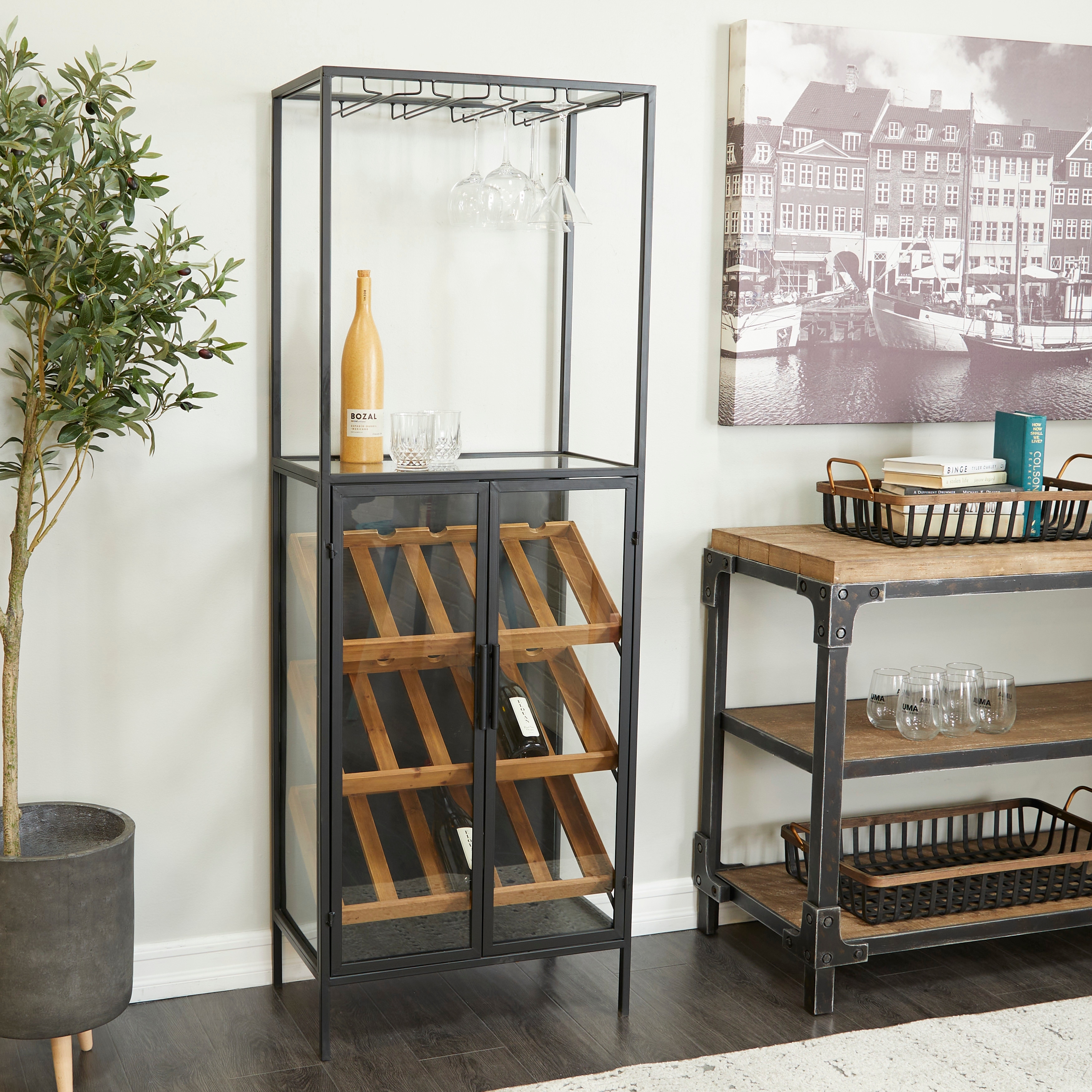 Black Wood Modern Standing Wine Rack 24 x 14 x 67