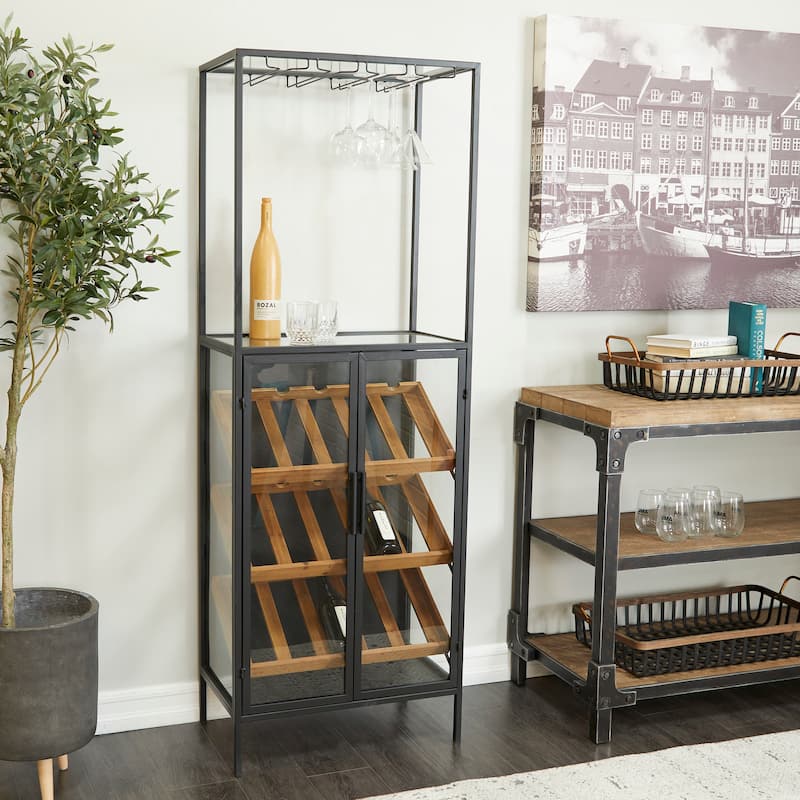 Wood 15 Bottle Standing Wine Rack with Wine Glass Holders and Wood Accents - Black - Roche River Decor - 14"W x 24"L x 67"H
