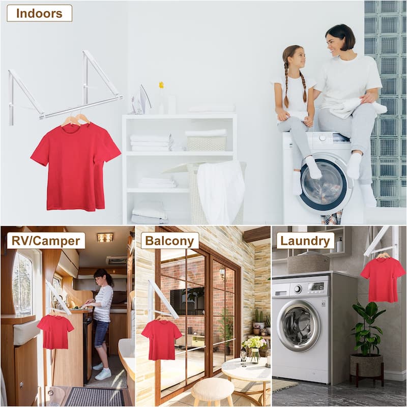 2pcs Retractable Clothes Rack, Wall Mounted Folding Clothes Hanger White