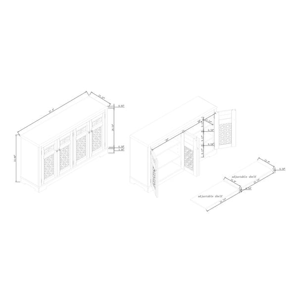 Farmhouse Buffet Cabinet with Glass Doors and Adjustable Shelves - 57.5" in Width