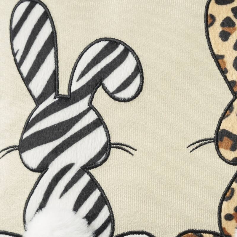 14" X 20" Beige Animal Print Applique Bunny Trio Lumbar Throw Pillow With Pompoms